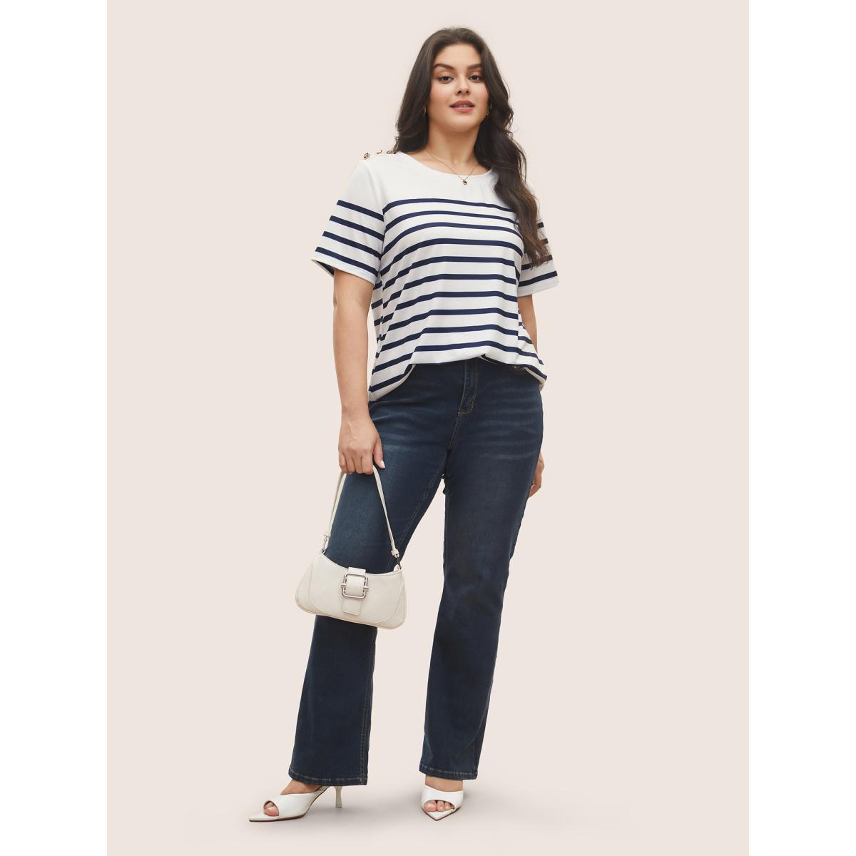 Plus Size Striped Contrast Round Neck Button Detail T-shirt Indigo Women Work From Home Contrast Striped Round Neck Work T-shirts BloomChic 30/6X Product Image
