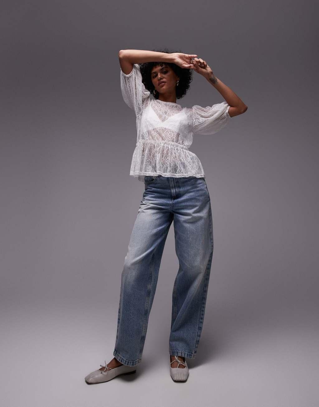 Topshop lace peplum top in ivory Product Image