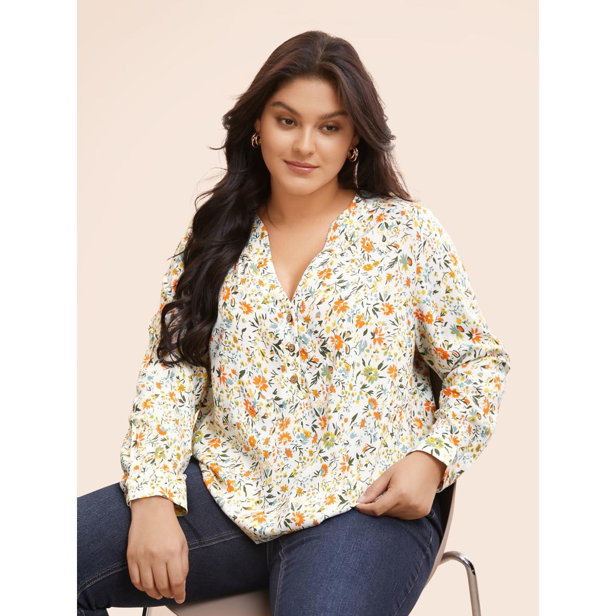 Plus Size WhiteSmoke Floral Notched Gathered Cuff Blouse Women Elegant Long Sleeve Flat collar with V-notch Everyday Blouses BloomChic 18-20/2X Product Image