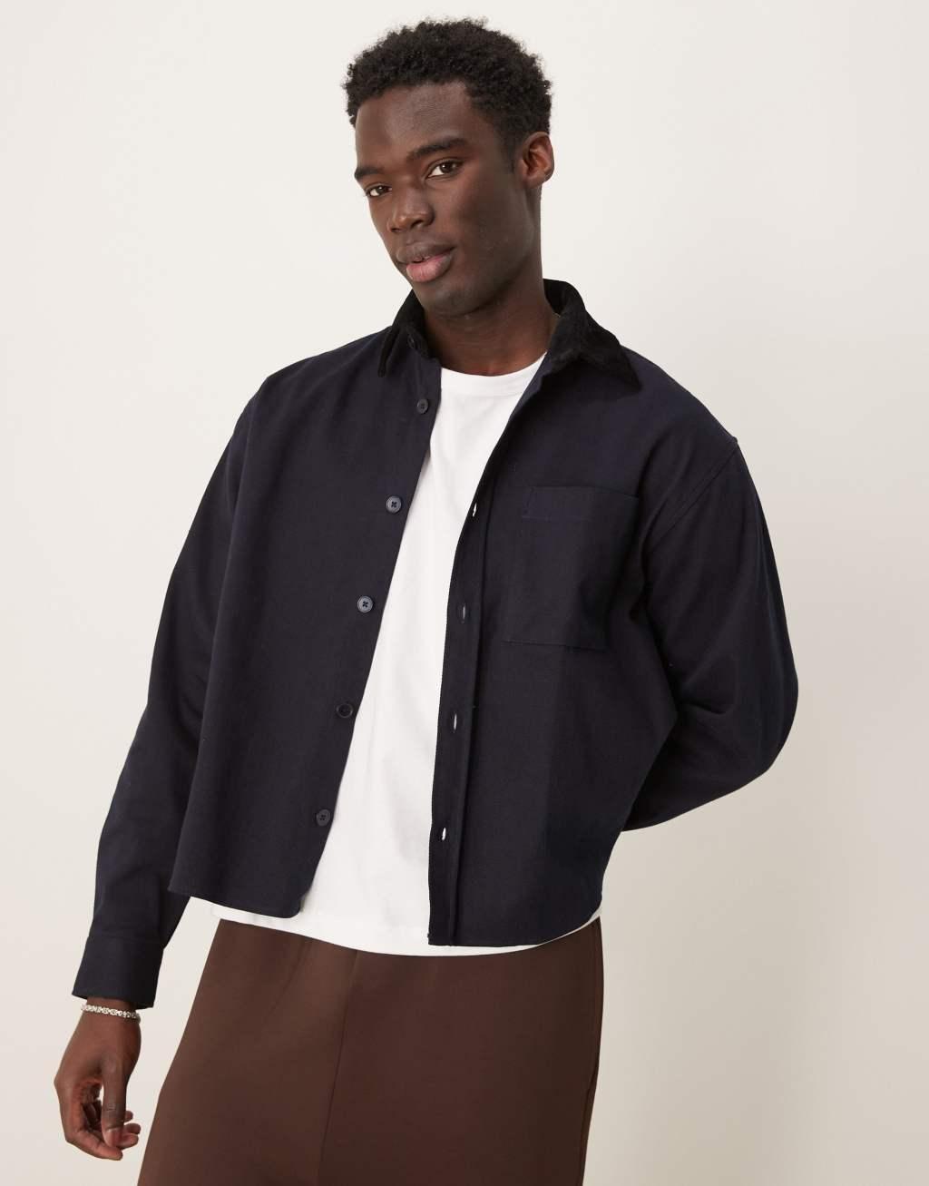 ASOS DESIGN oversized boxy overshirt with cord collar in navy Product Image
