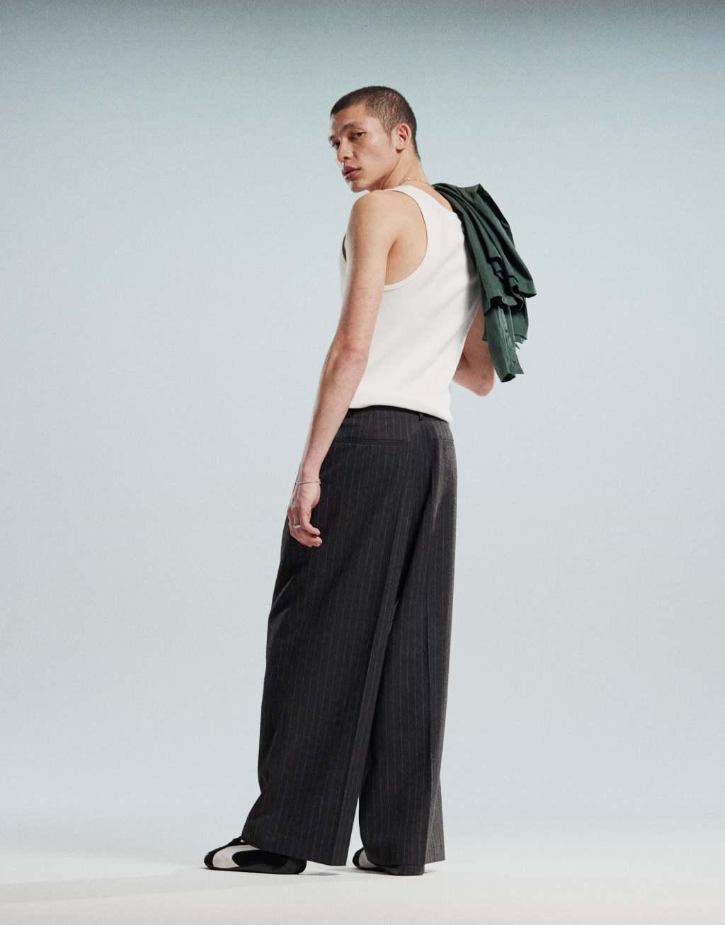 ASOS DESIGN smart loose leg pants in light gray textured pinstripes Product Image