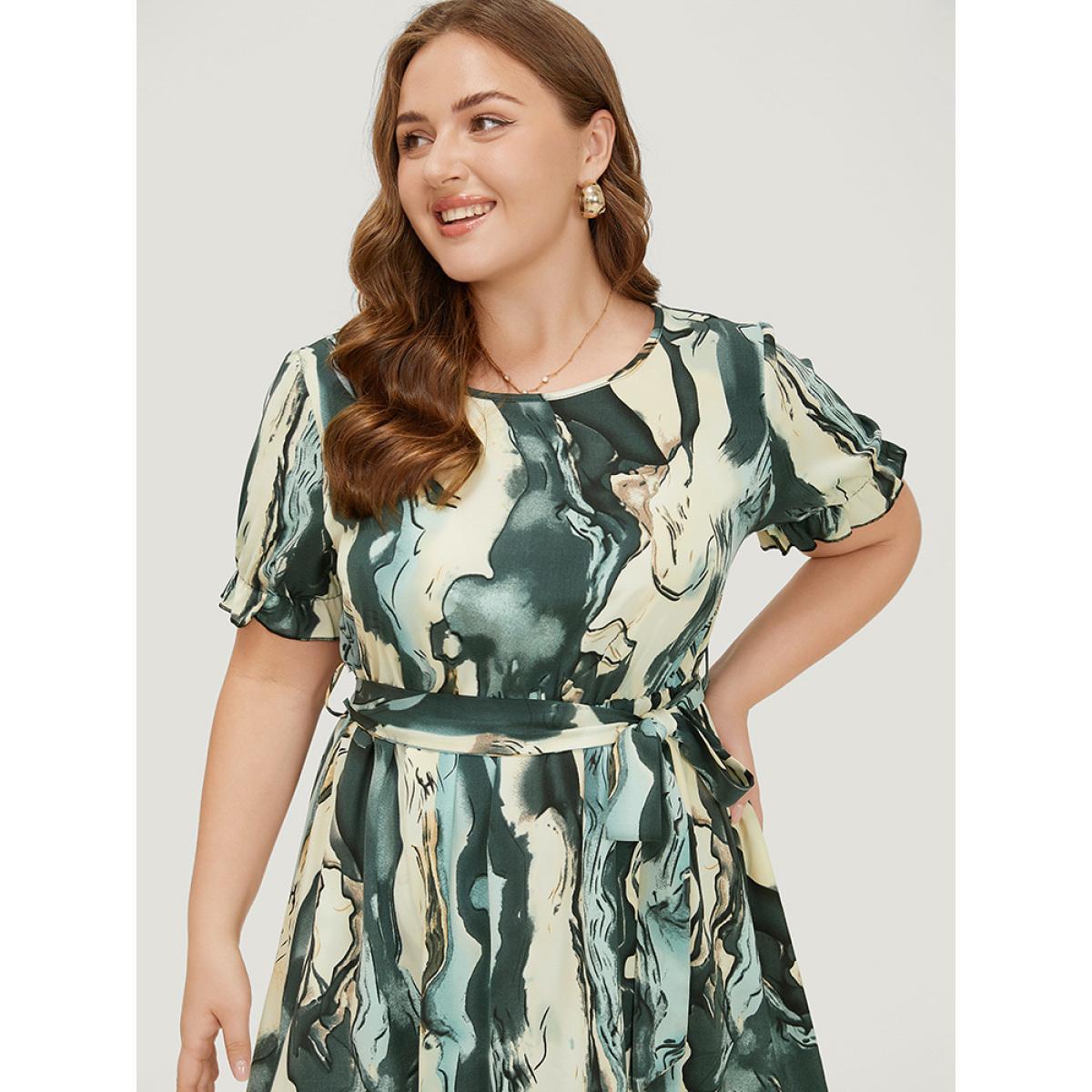 Plus Size Water Ripple Pocket Belt Puff Sleeve Dress Multicolor Women Elegant Round Neck Short sleeve Curvy Midi Dress BloomChic 12/L Product Image