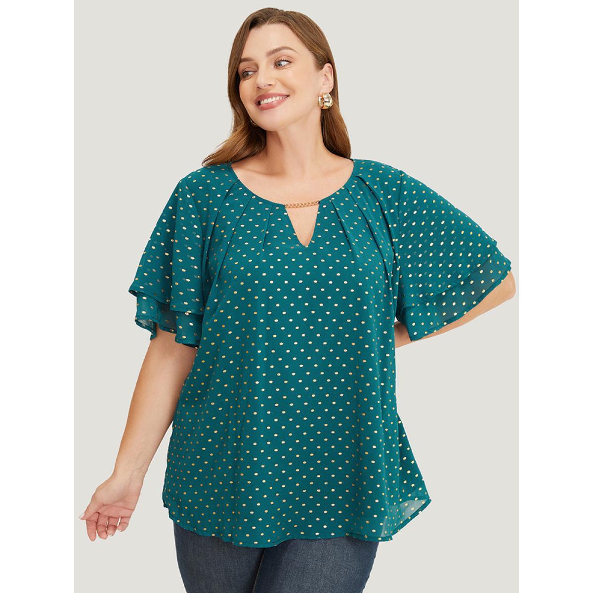 Plus Size DarkGreen Polka Dot Glitter Tiered Sleeve Pleated Keyhole Chain Neck Blouse Women Party Short sleeve Round Neck Going out Blouses BloomChic 14-16/1X Product Image