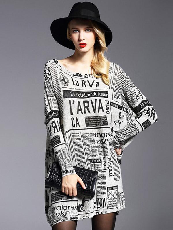 Vintage Loose One-Shoulder Newspaper Printed Split-Joint Sweater Product Image