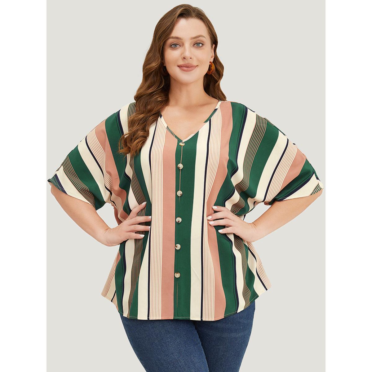 Plus Size Multicolor Striped Print Button Detail Batwing Sleeve Blouse Women Vacation Half Sleeve V-neck Dailywear Blouses BloomChic 26/4X Product Image
