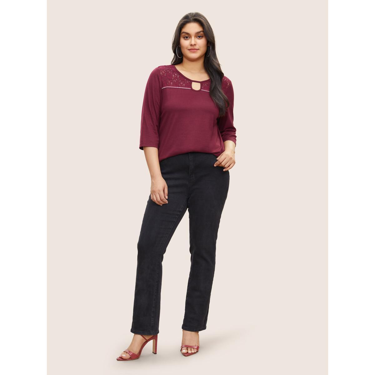 Plus Size Lace Patchwork Keyhole Rhinestone Detail T-shirt Burgundy Women Elegant See through Plain Round Neck Everyday T-shirts BloomChic 22-24/3X Product Image