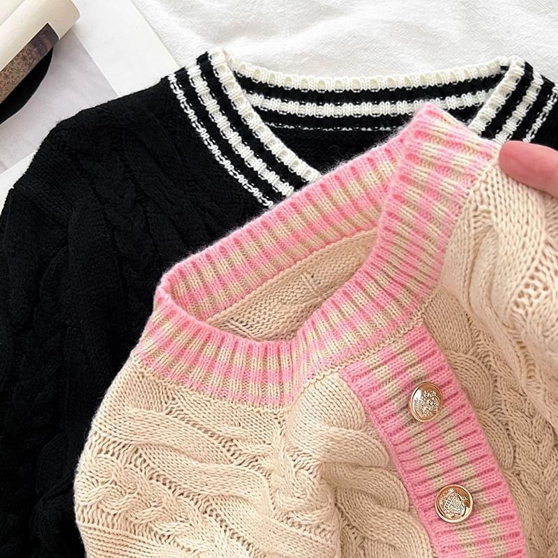 Long-Sleeve Cable Knit Button-Up Midi Dress Product Image