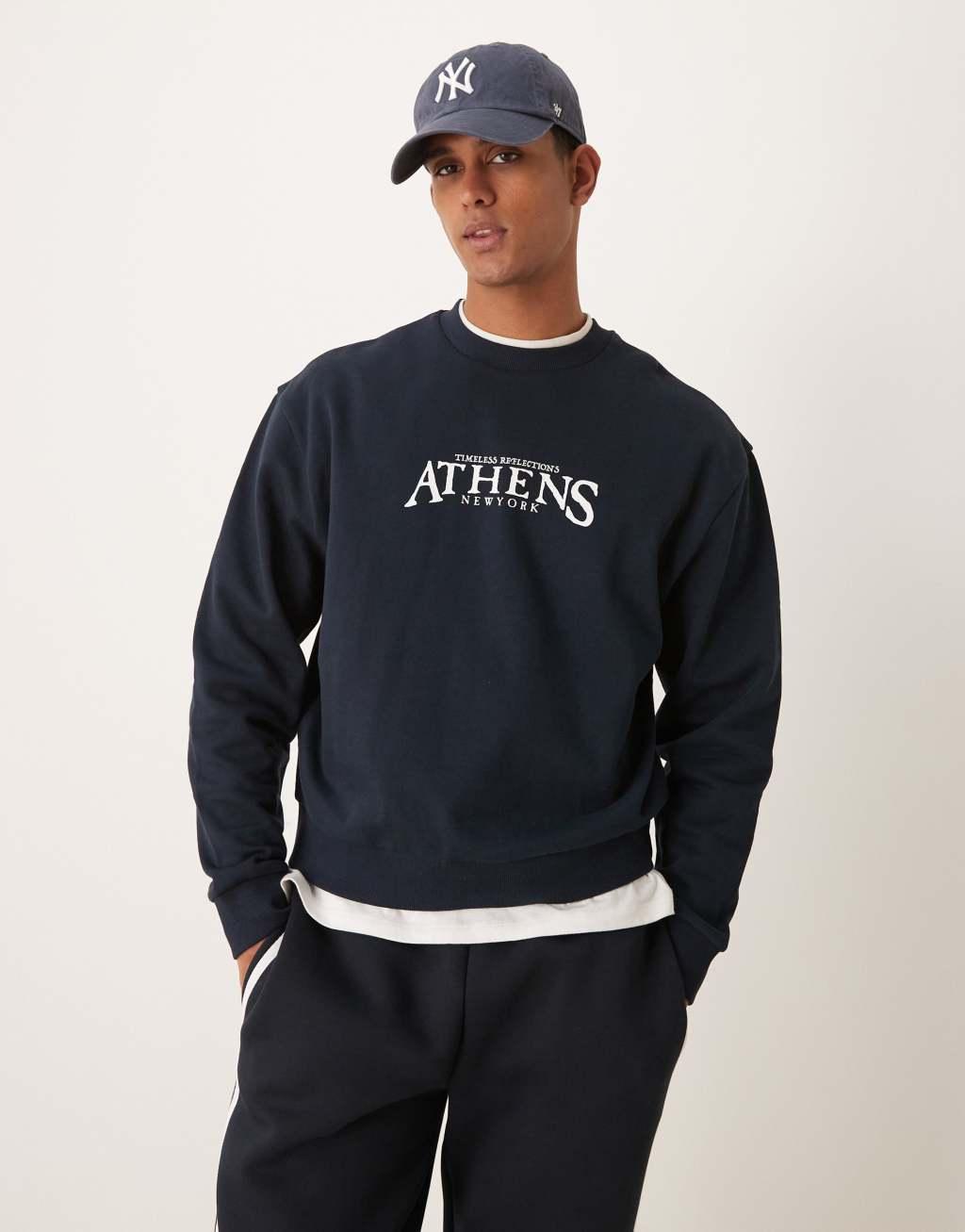 ASOS DESIGN boxy oversized crew neck sweater with city print in navy Product Image