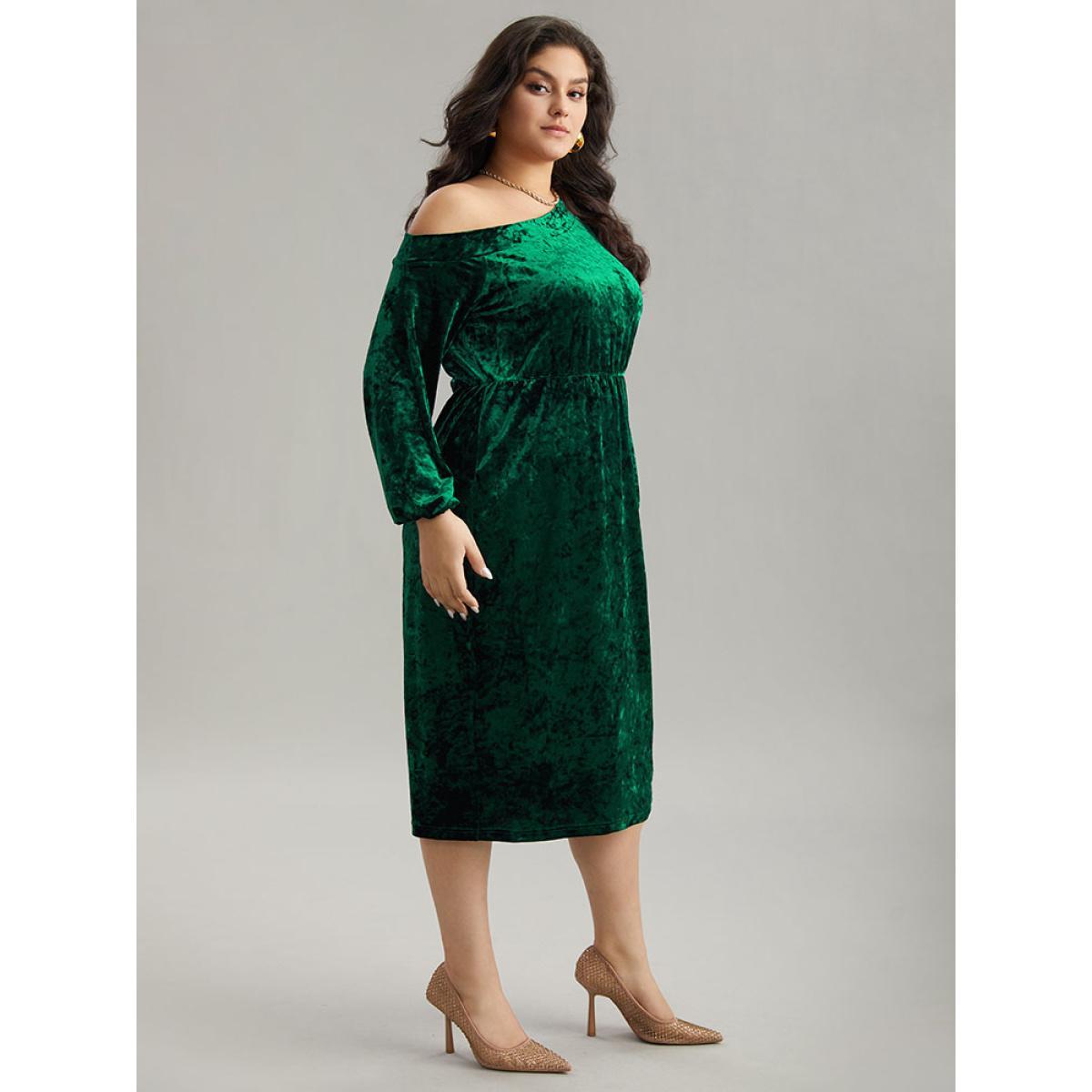 Plus Size Solid Velvet One Shoulder Elastic Waist Dress Cyan Women Glamour Elastic cuffs One Shoulder Long Sleeve Curvy Midi Dress BloomChic 28/5X Product Image