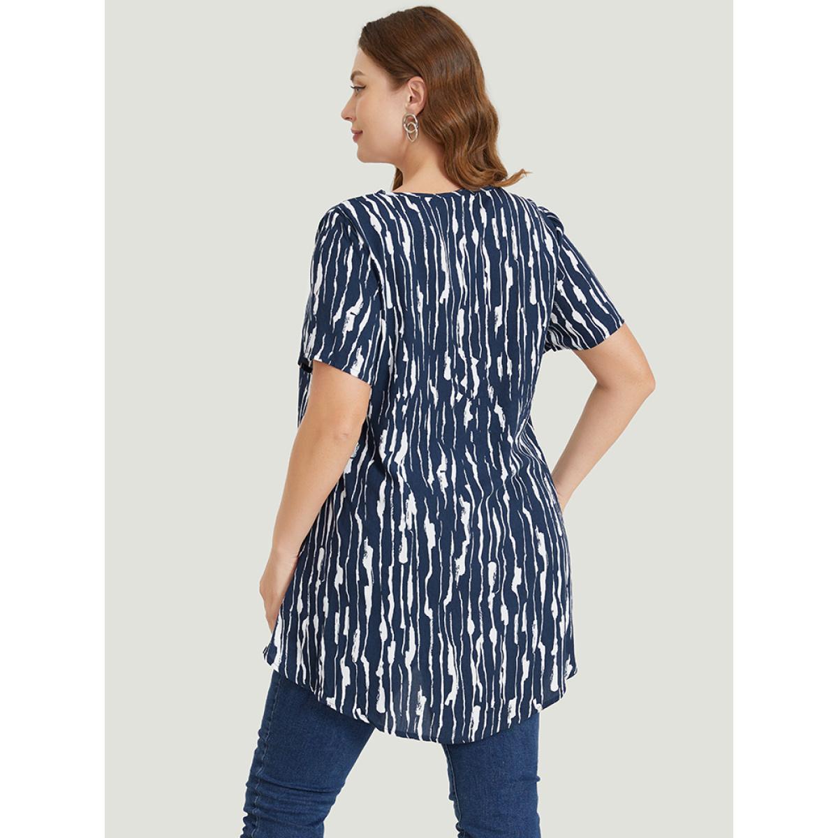 Plus Size Indigo Water Ripple High Low Hem Blouse Women Elegant Short sleeve Round Neck Dailywear Blouses BloomChic 30/6X Product Image