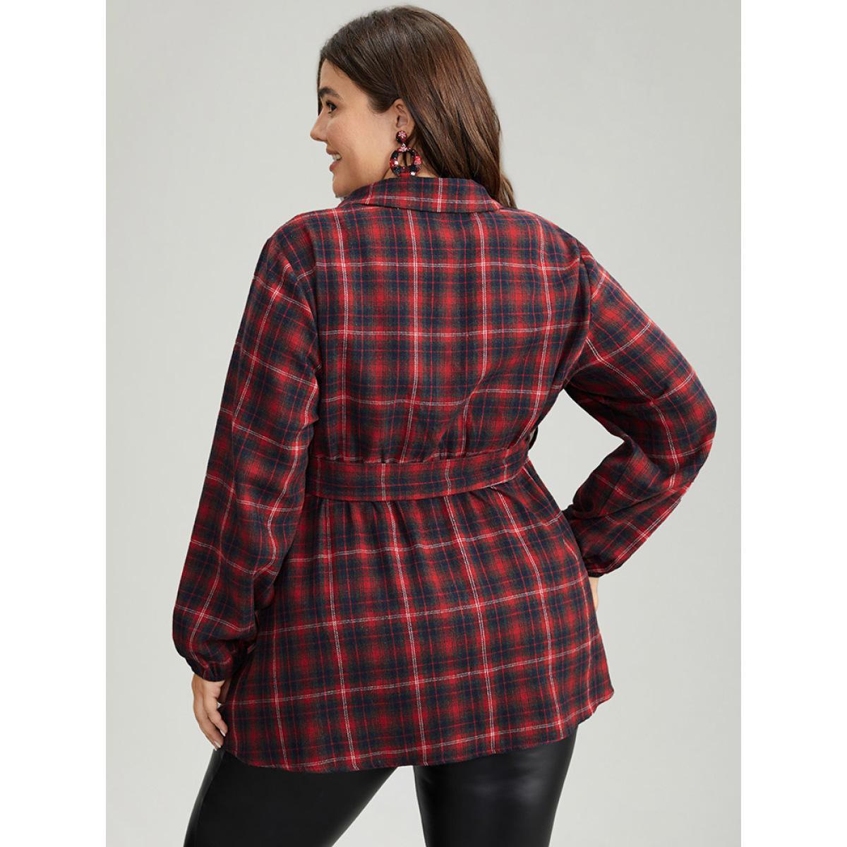Plus Size Raspberry Plaid Shirt Collar Belted Button Through Blouse Women Elegant Long Sleeve Shirt collar Festival-Christmas Blouses BloomChic 28/5X Product Image