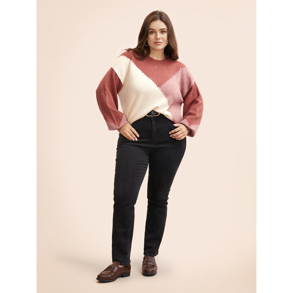 Plus Size Colorblock Contrast Round Neck Pullover DustyPink Women Casual Long Sleeve Round Neck Everyday Pullovers BloomChic 14-16/1X Product Image