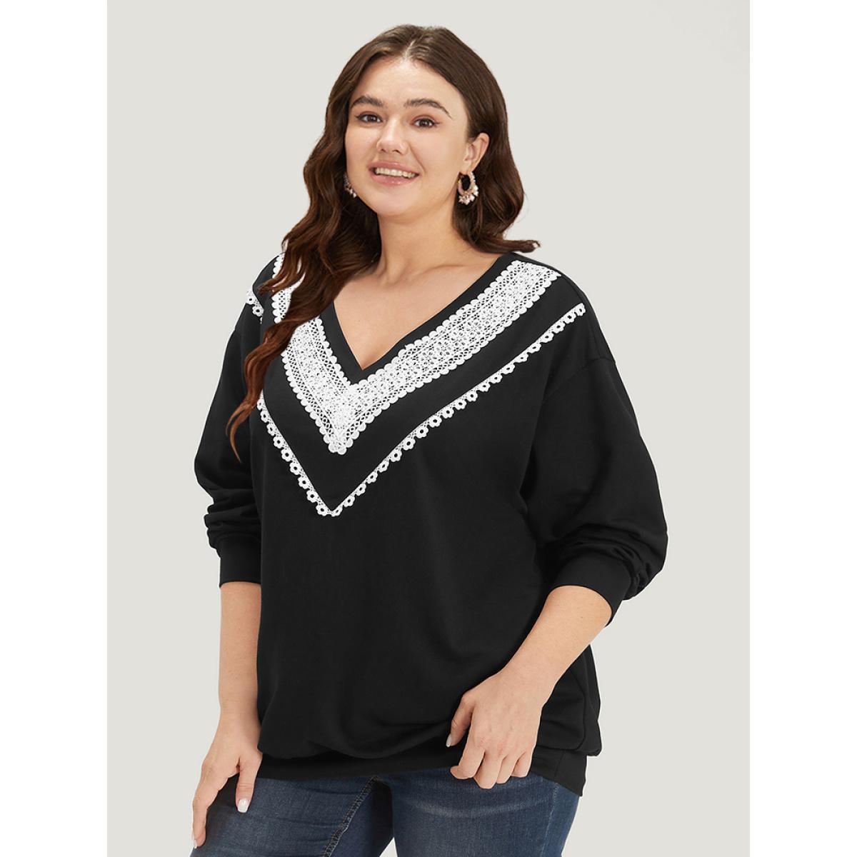 Plus Size Lace Insert V Neck Elastic Cuffs Sweatshirt Women Black Elegant Elastic cuffs V-neck Dailywear Sweatshirts BloomChic 14-16/1X Product Image