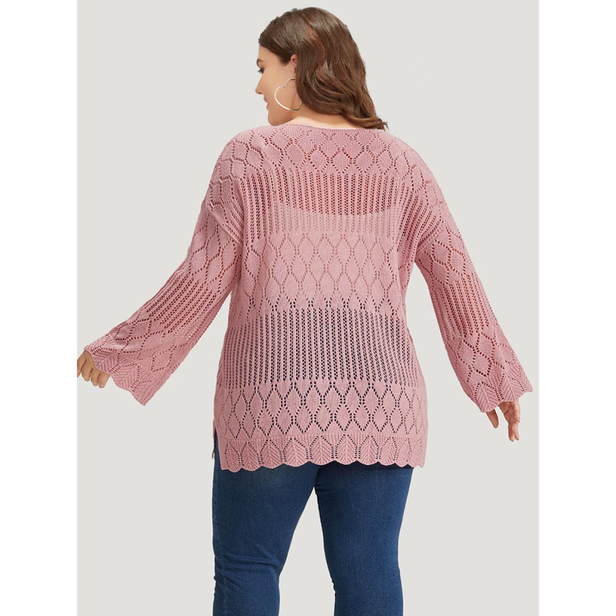 Plus Size Supersoft Essentials Hollow Out Split Side Bell Sleeve Pullover Watermelon Women Casual Loose Long Sleeve Round Neck Everyday Pullovers BloomChic 28/5X Product Image