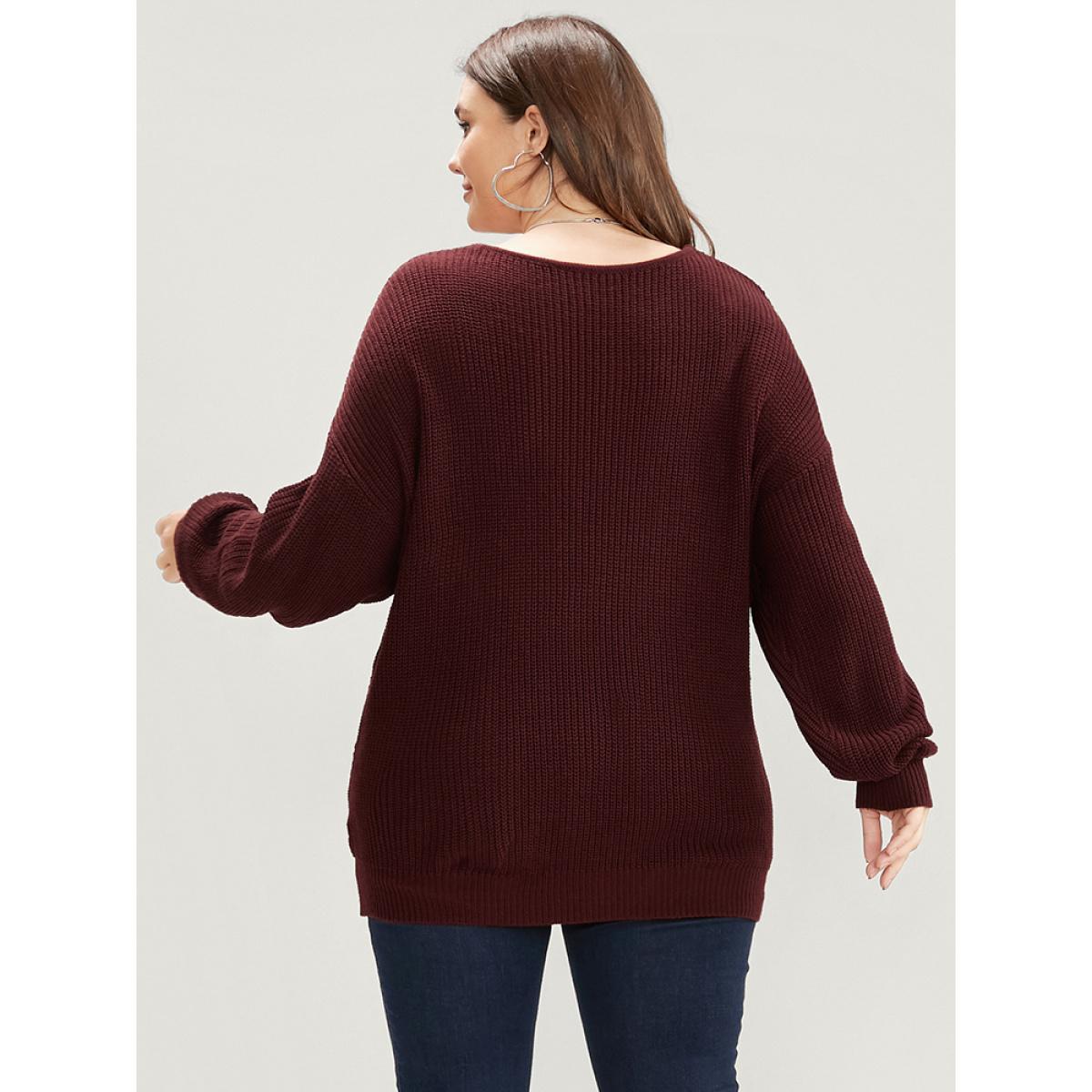 Plus Size Solid Pointelle Knit Surplice Neck Cable Knit Top Scarlet Women Elegant Loose Long Sleeve Overlap Collar Dailywear Pullovers BloomChic 22-24/3X Product Image