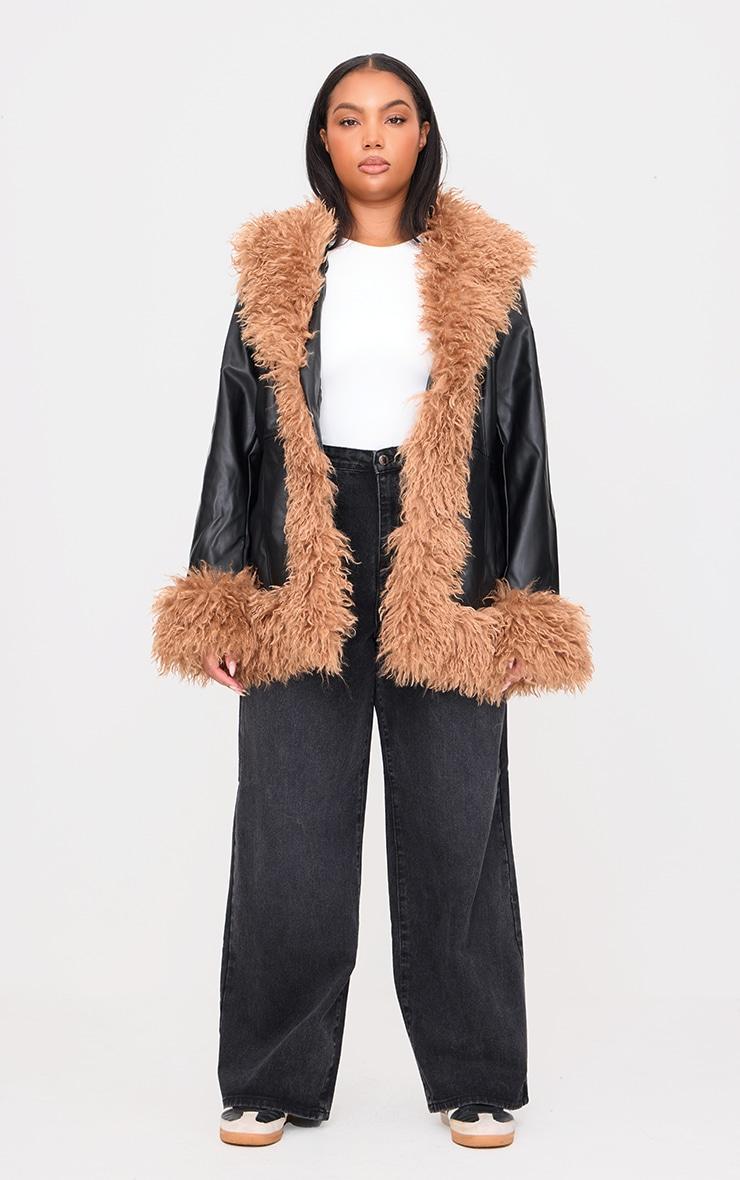 Plus Black Faux Mongolian Fur Trim Faux Leather Jacket Product Image