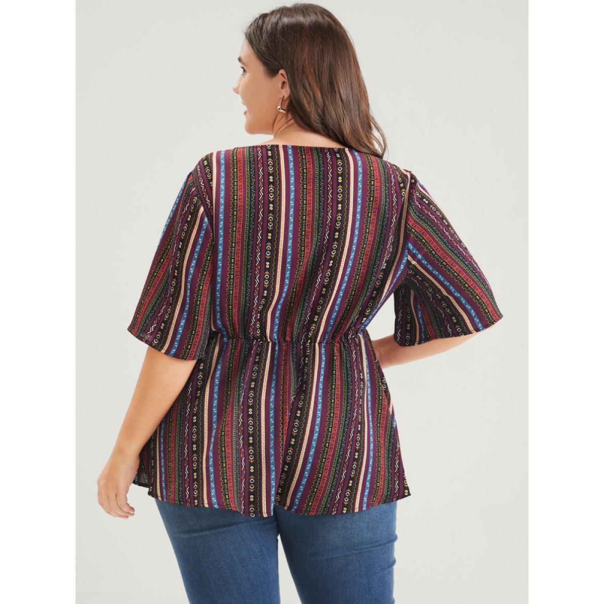 Plus Size Multicolor Striped Elastic Waist Button Ruffles Wrap Blouse Women Elegant Short sleeve V-neck Dailywear Blouses BloomChic 12/L Product Image