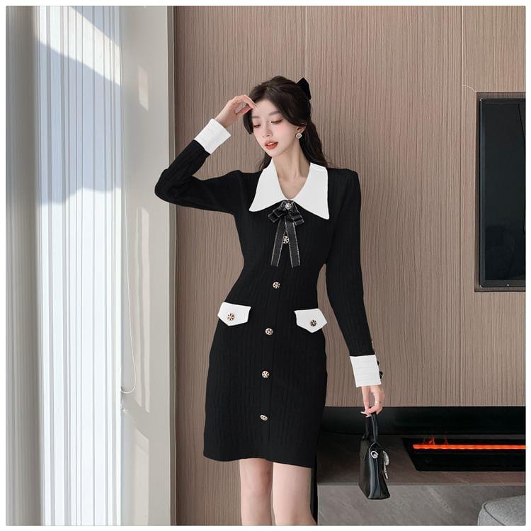Long Sleeve Peter Pan Collar Two Tone Buttoned Mini Bodycon Knit Dress Product Image