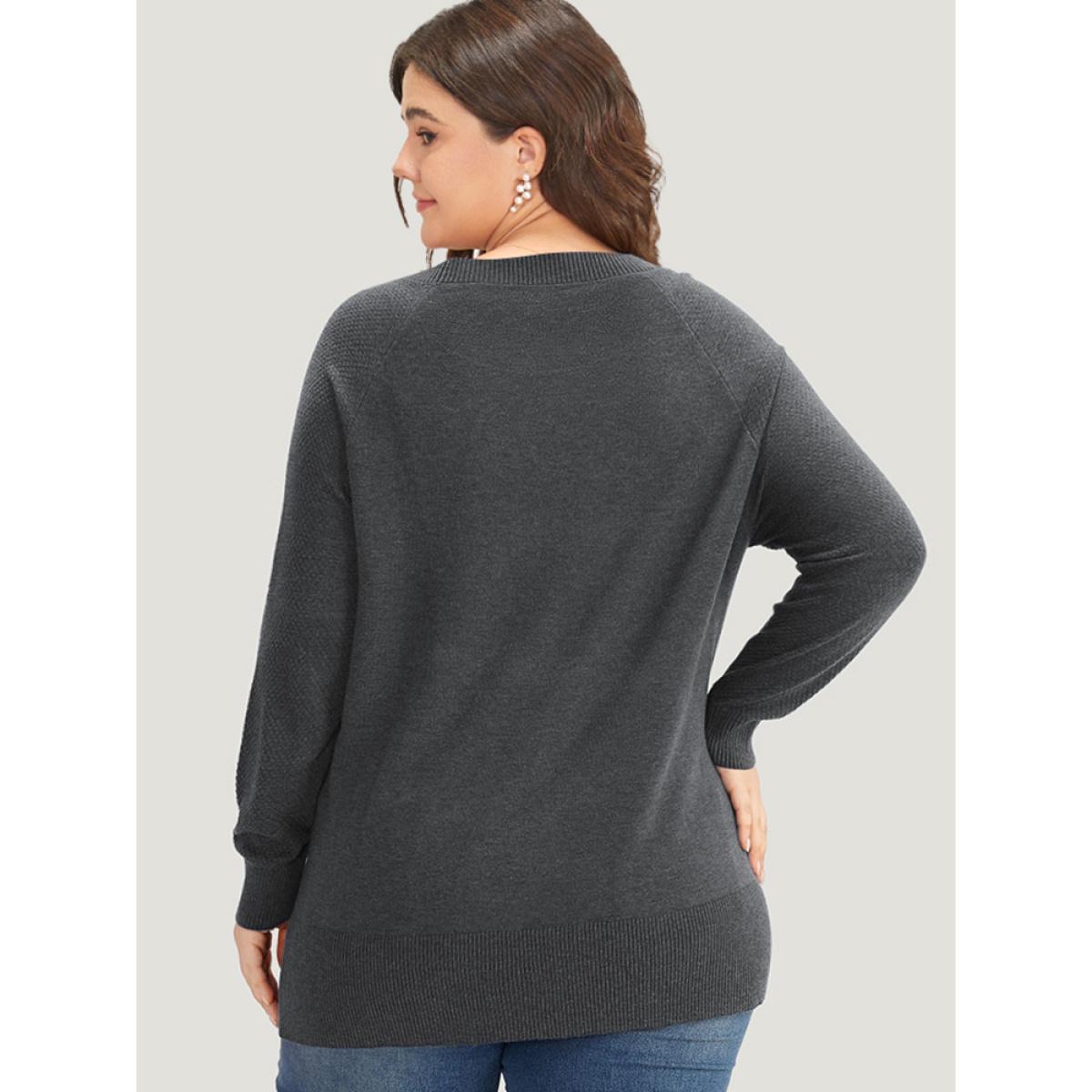 Plus Size Supersoft Essentials Button Detail Raglan Sleeve Pullover DimGray Women Casual Long Sleeve Round Neck Dailywear Pullovers BloomChic 12/L Product Image