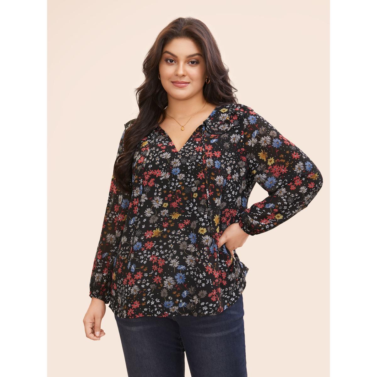 Plus Size Black Chiffon Floral Tie Knot Ruffle Trim Blouse Women Elegant Long Sleeve V-neck Everyday Blouses BloomChic 28/5X Product Image