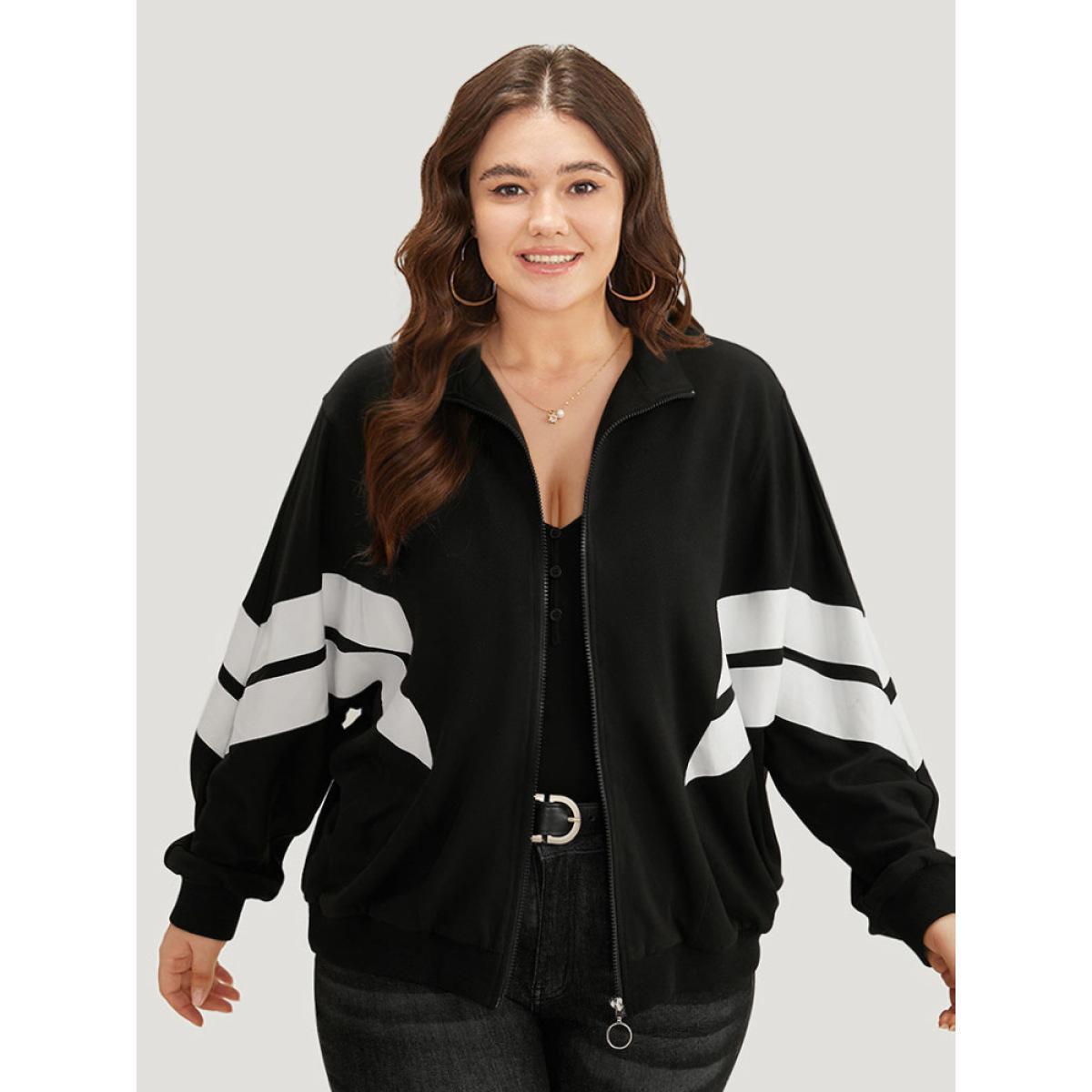 Plus Size Striped Geometric Mock Neck Zipper Jacket Women Black Contrast Everyday Jackets BloomChic 22-24/3X Product Image