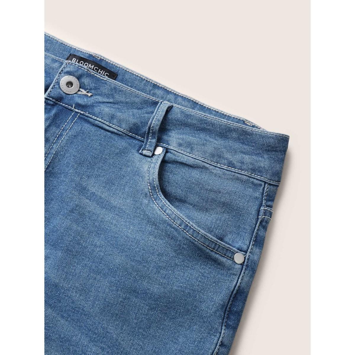 Plus Size Very Stretchy High Rise Dark Wash Denim Shorts Women Blue Casual Plain High stretch Slanted pocket Jeans BloomChic 12/L Product Image