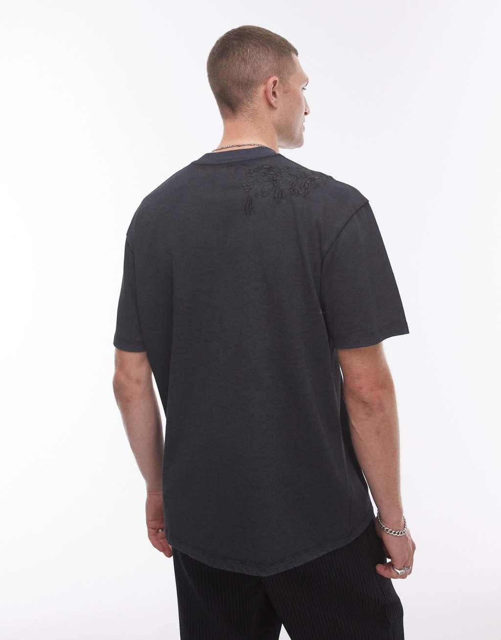 Topman oversized fit T-shirt with floral embroidery in washed black Product Image