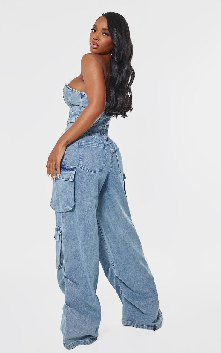 Shape Vintage Mid Wash Denim Bandeau Lace Up Front Wide Leg Jumpsuit Product Image