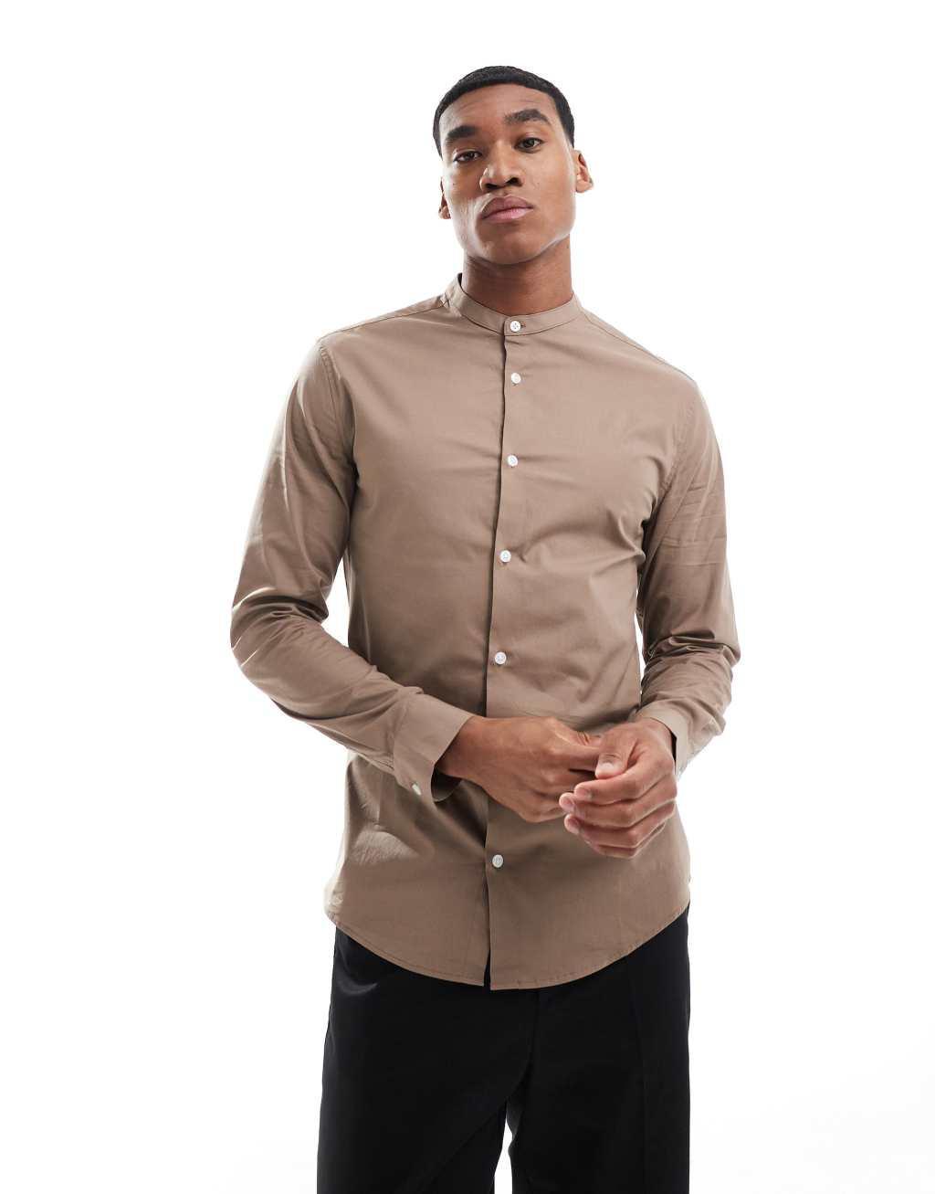 ASOS DESIGN skinny poplin shirt with grandad collar in brown Product Image