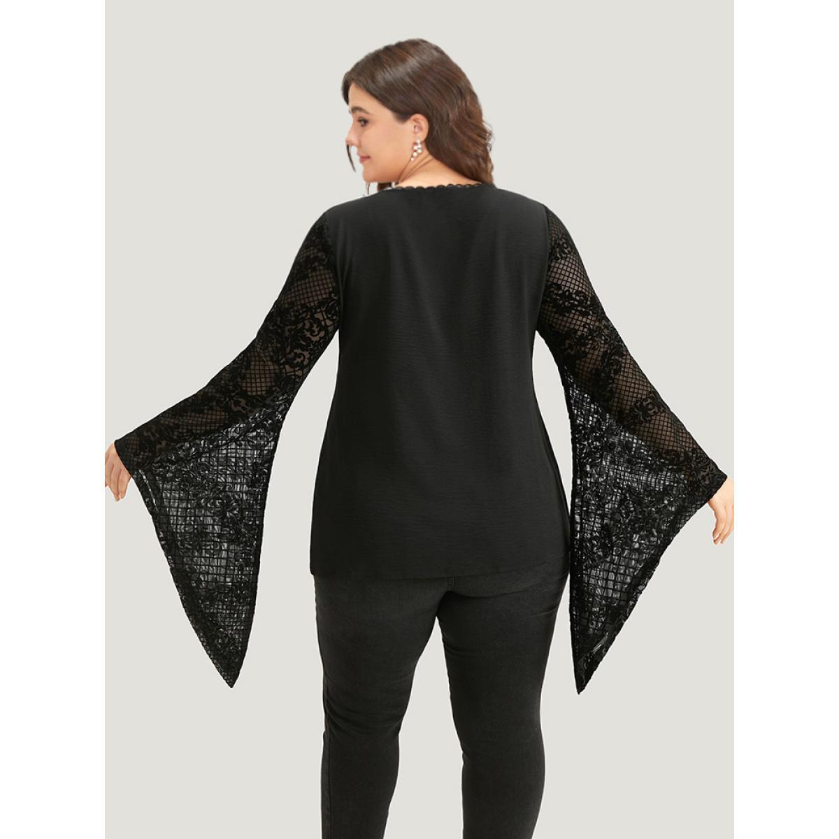 Plus Size Black Halloween Floral Eyelet Lace Mesh Bell Sleeve Blouse Women Elegant Long Sleeve Square Neck Festival-Halloween Blouses BloomChic 28/5X Product Image