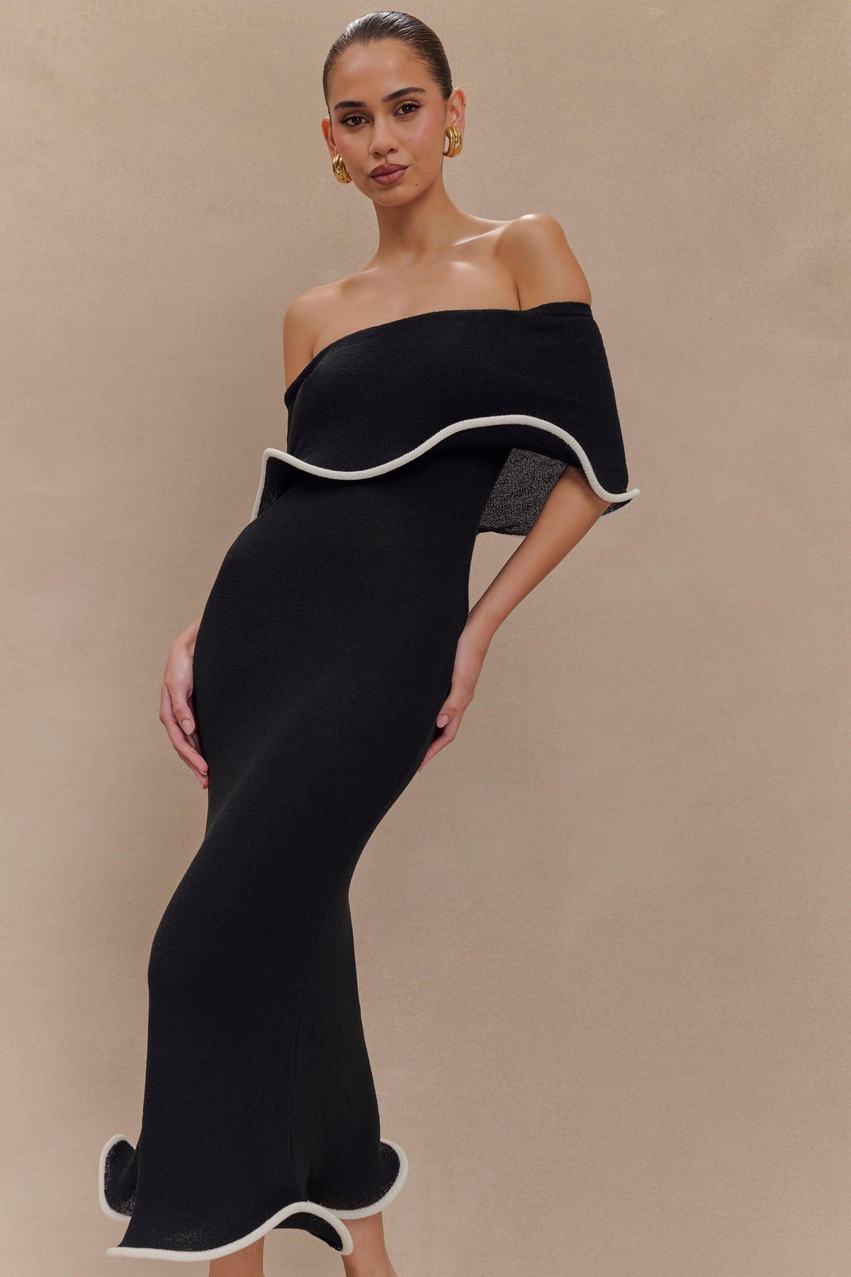 Molly Off Shoulder Knit Midi Dress - Black/White Product Image