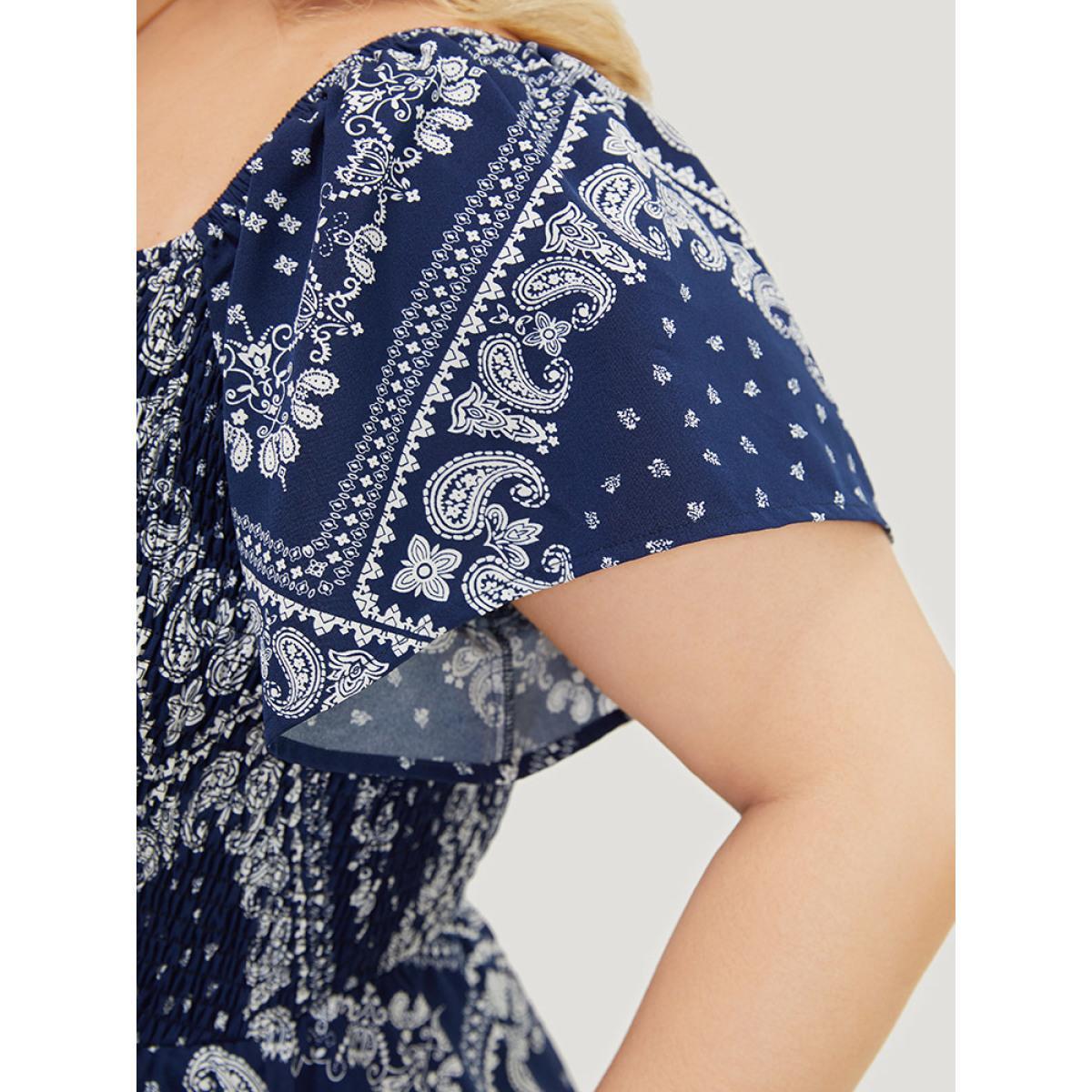Plus Size Paisley & Moroccan Print Pocket Shirred Square Neck Split Dress DarkBlue Women Vacation Slit One-shoulder neck Short sleeve Curvy Midi Dress BloomChic 22-24/3X Product Image