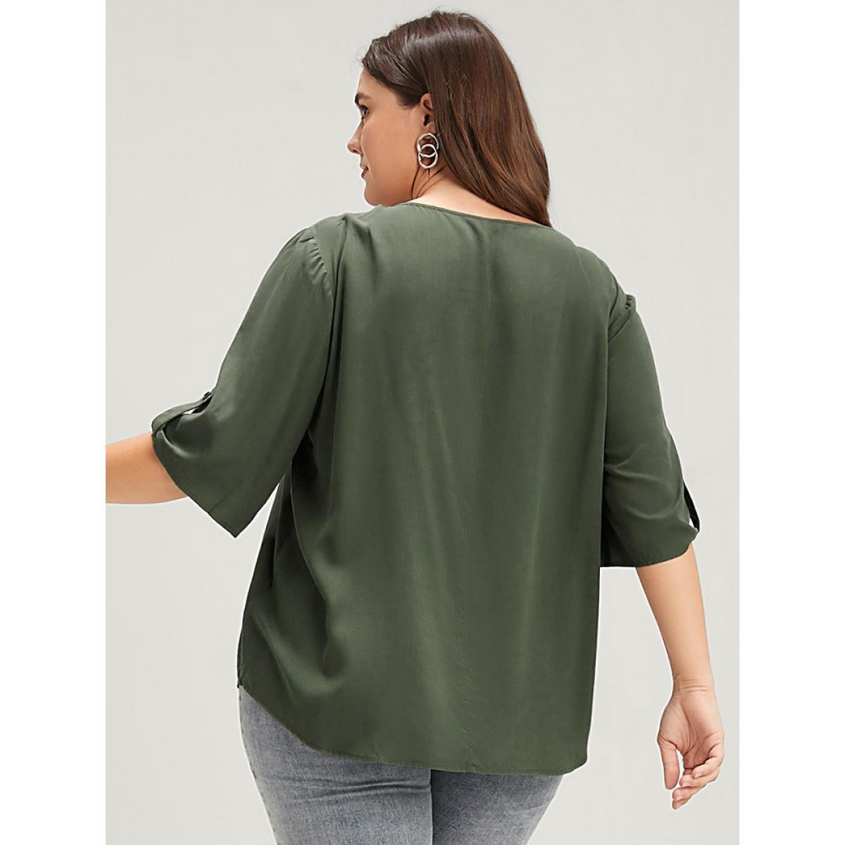 Plus Size ArmyGreen Solid Button Pleated Round Neck Blouse Women Office Short sleeve Round Neck Work Blouses BloomChic 14-16/1X Product Image