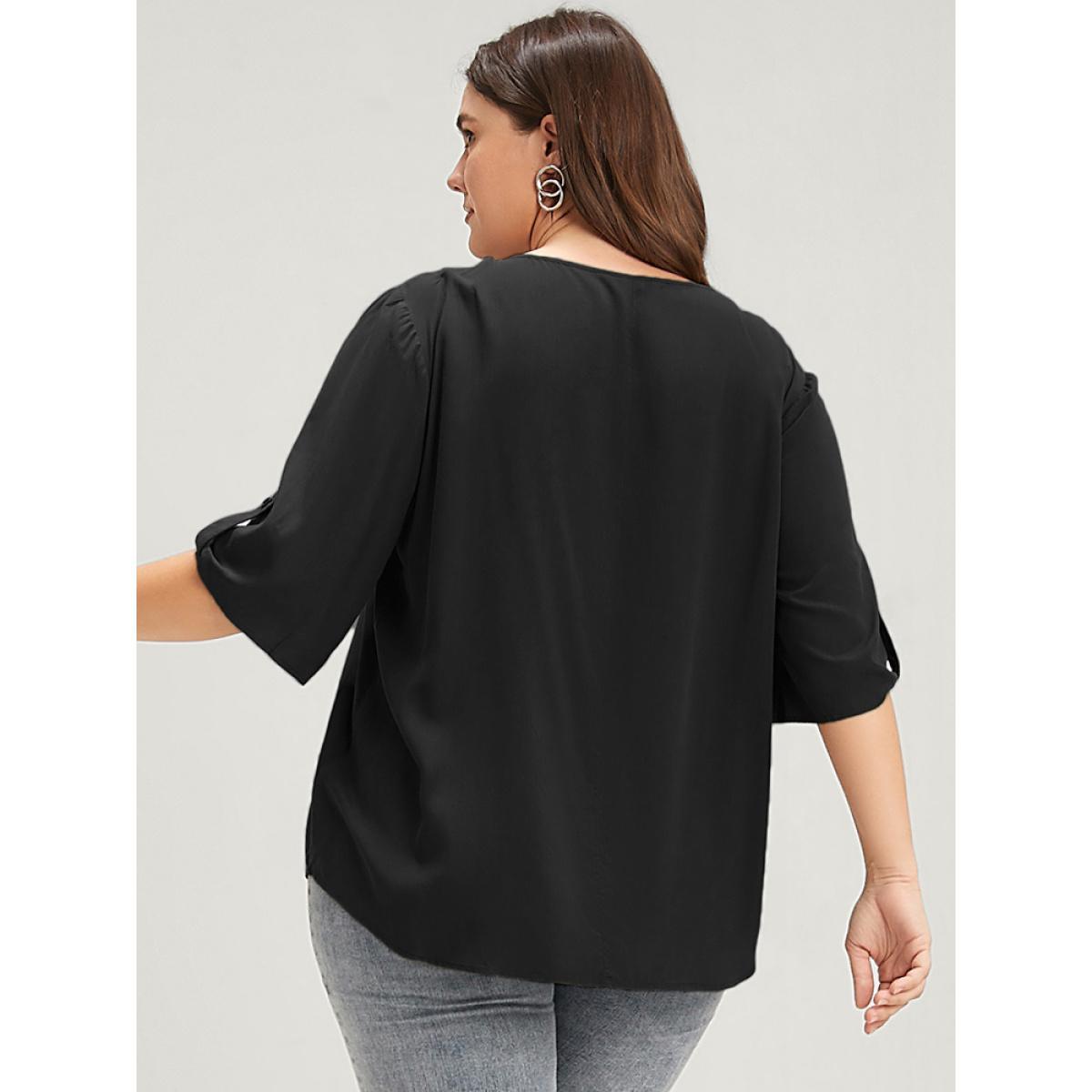 Plus Size Black Solid Button Pleated Round Neck Blouse Women Office Short sleeve Round Neck Work Blouses BloomChic 14-16/1X Product Image