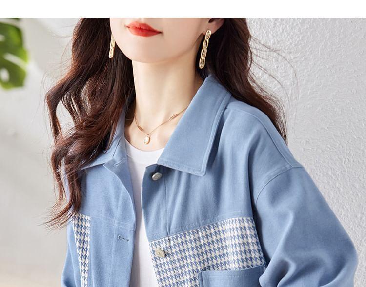 Collared Houndstooth Patchwork Shirt Jacket Product Image