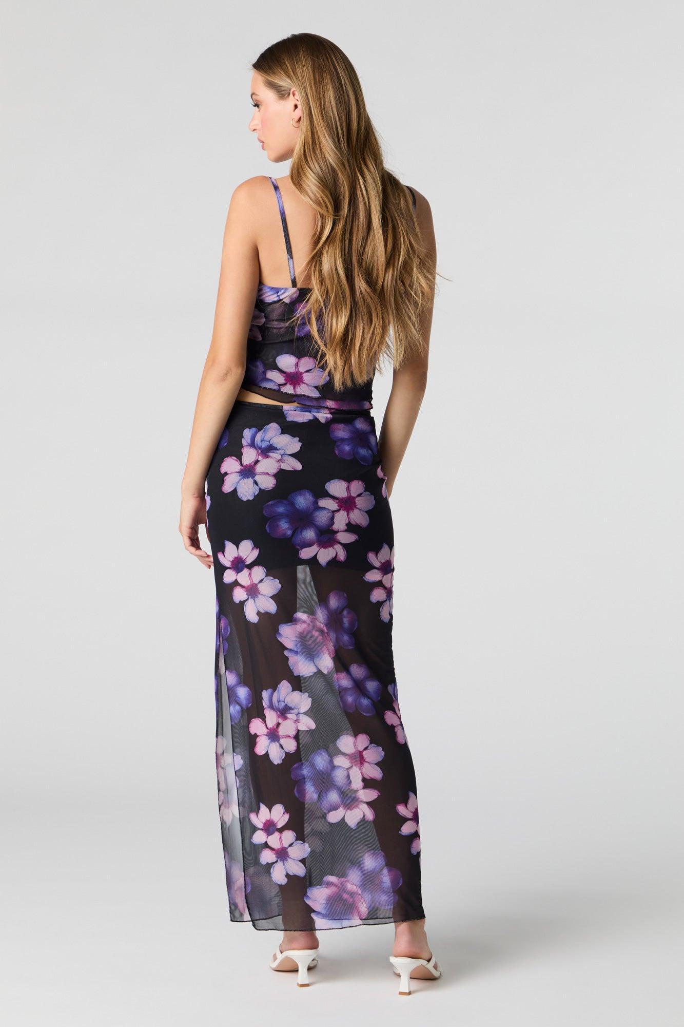 Floral Mesh Slit Maxi Skirt Female Product Image