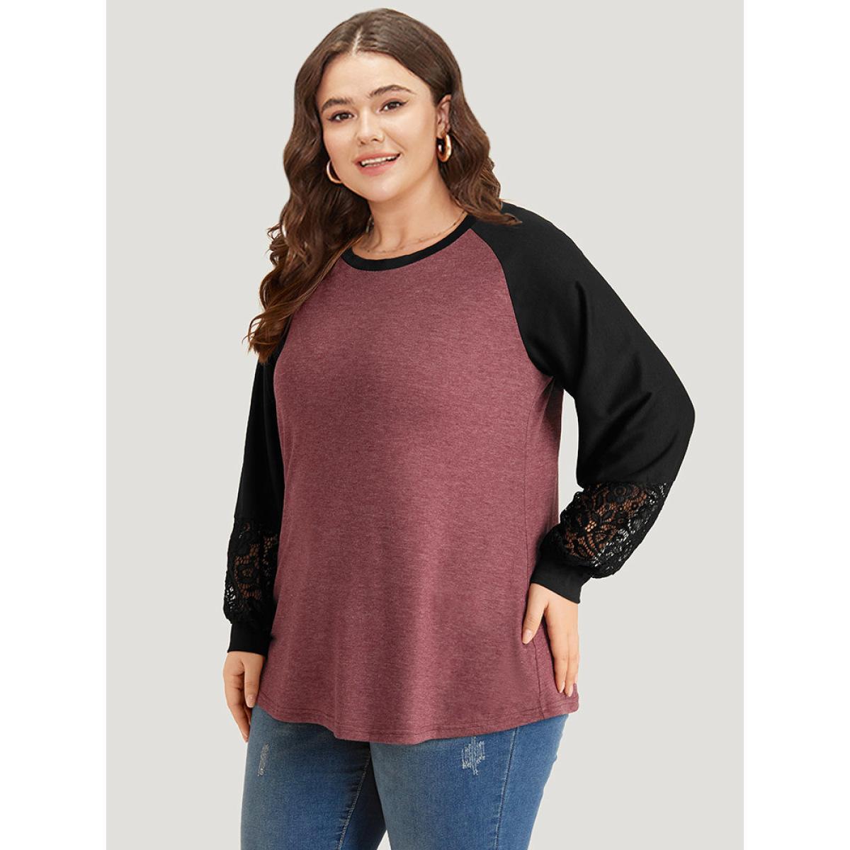 Plus Size Round Neck Lace Patchwork Raglan Sleeve T-shirt Russet Women Elegant Elastic cuffs Plain Round Neck Dailywear T-shirts BloomChic 10/M Product Image