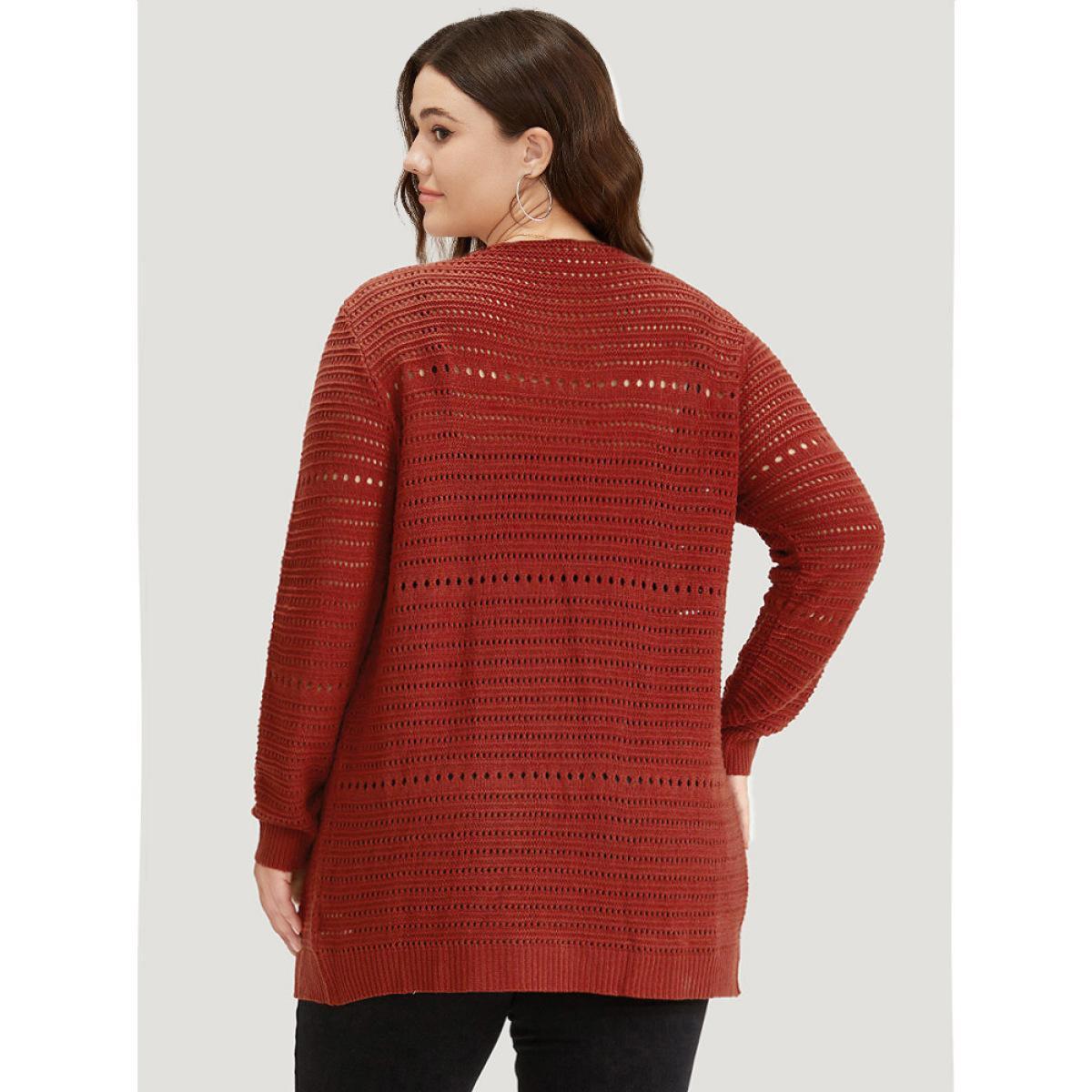 Plus Size Plain Ties Front Geometric Eyelet Cardigan Rust Women Casual Loose Long Sleeve Dailywear Cardigans BloomChic 26/4X Product Image