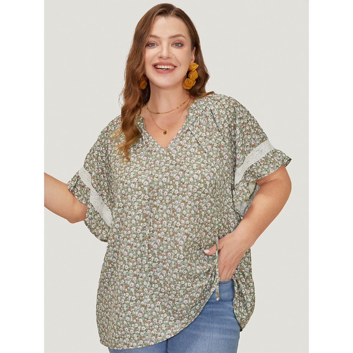 Plus Size Sage Ditsy Floral Frill Trim Lace Ruffle Sleeve Tie Neck Blouse Women Elegant Short sleeve Tie Neck Dailywear Blouses BloomChic 26/4X Product Image