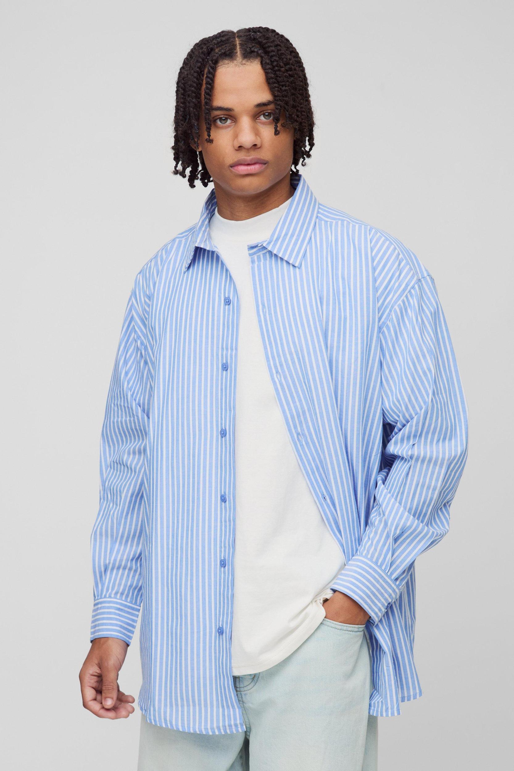 Mens Oversized Long Sleeve Striped Shirt In Blue Product Image