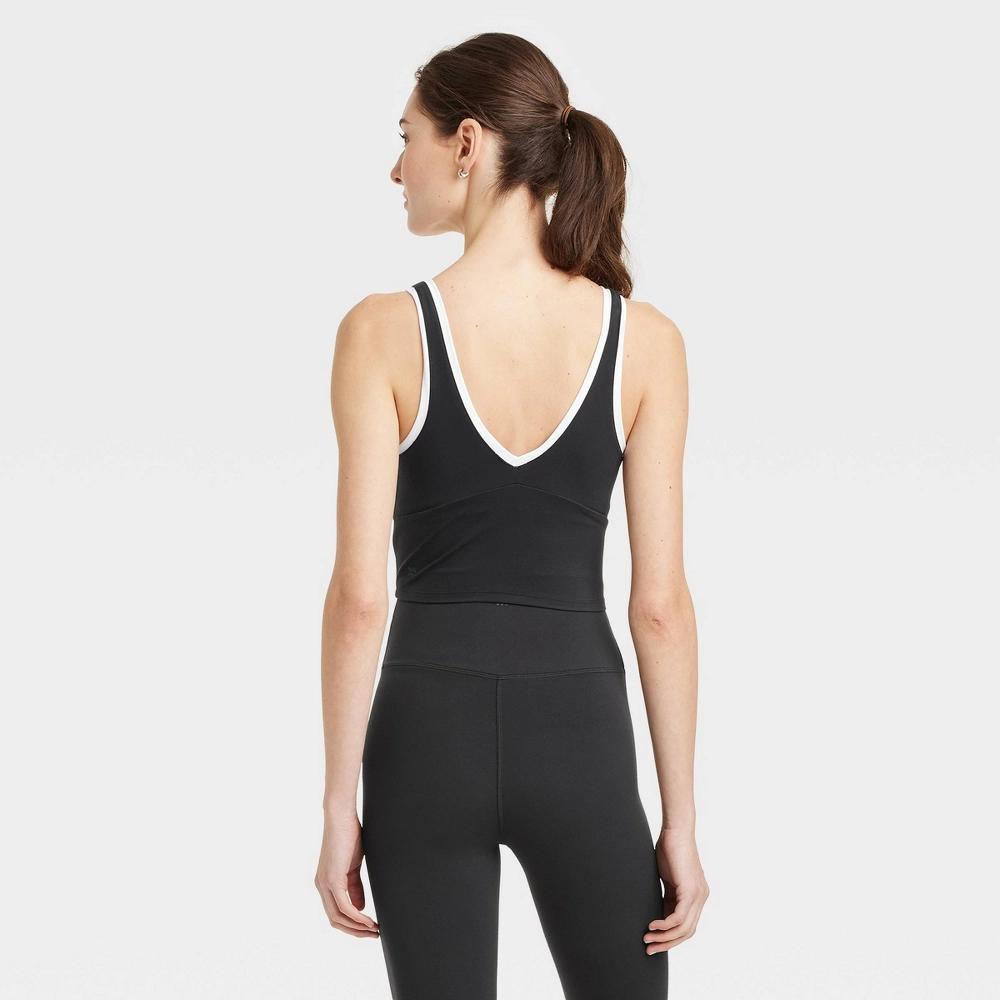 Women's Everyday Soft Light Support Contrast V Neck Cropped Sports Bra - All In Motion™ Black XXL: Moisture Wicking, Quick Drying Product Image