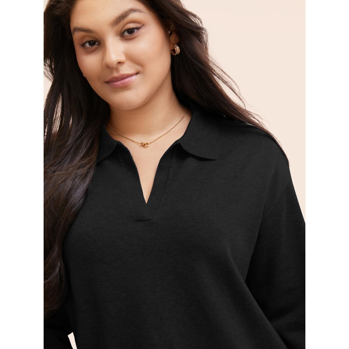 Plus Size Polo Neck Drop Shoulder Sleeve Soft Pullover Black Women Casual Long Sleeve Polo Everyday Pullovers BloomChic 12/L Product Image