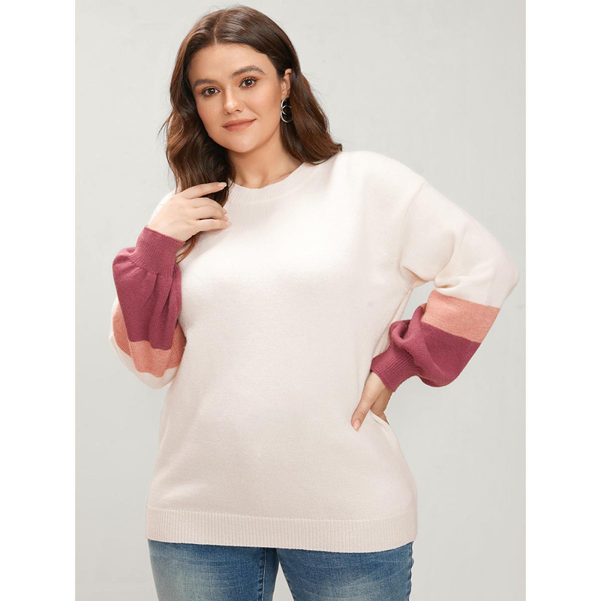 Plus Size Colorblock Contrast Soft Pointelle Knit Lantern Sleeve Knit Top Ivory Women Casual Loose Long Sleeve Round Neck Dailywear Pullovers BloomChic 10/M Product Image