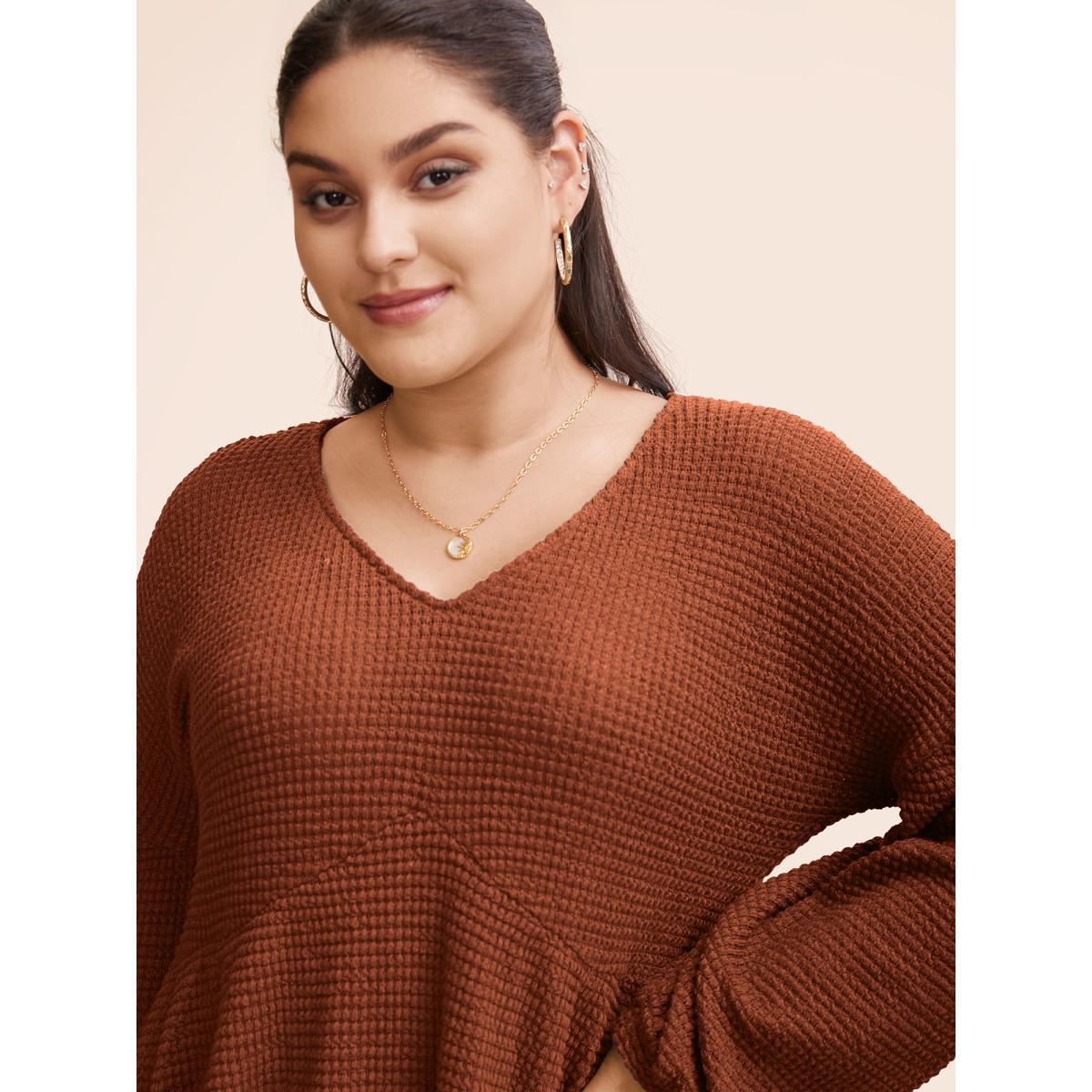 Plus Size Waffle Knit Lantern Sleeve Flutter Hem Sweatshirt Women Chocolate Elegant Texture V-neck Dailywear Sweatshirts BloomChic 14-16/1X Product Image