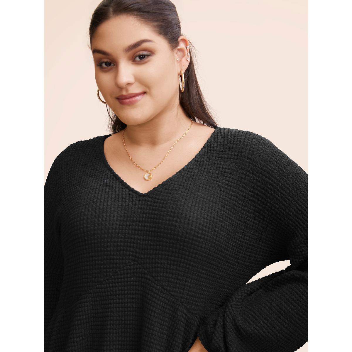 Plus Size Waffle Knit Lantern Sleeve Flutter Hem Sweatshirt Women Black Elegant Texture V-neck Dailywear Sweatshirts BloomChic 18-20/2X Product Image