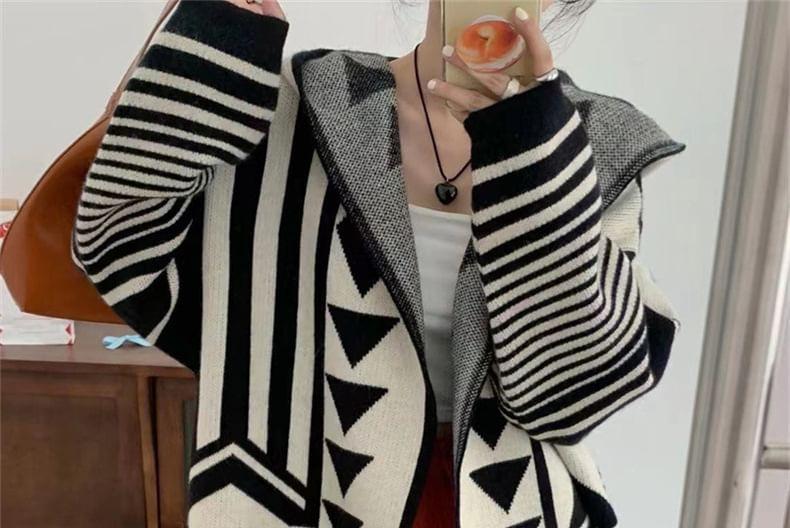 Geometric Print Hooded Open Front Long Cardigan Product Image