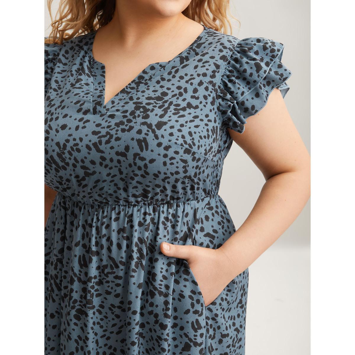 Plus Size Leopard Print Flutter Sleeve Tiered Midi Dress Stone Women At the Office Ruffles Flat collar with V-notch Cap Sleeve Curvy BloomChic 30/6X Product Image