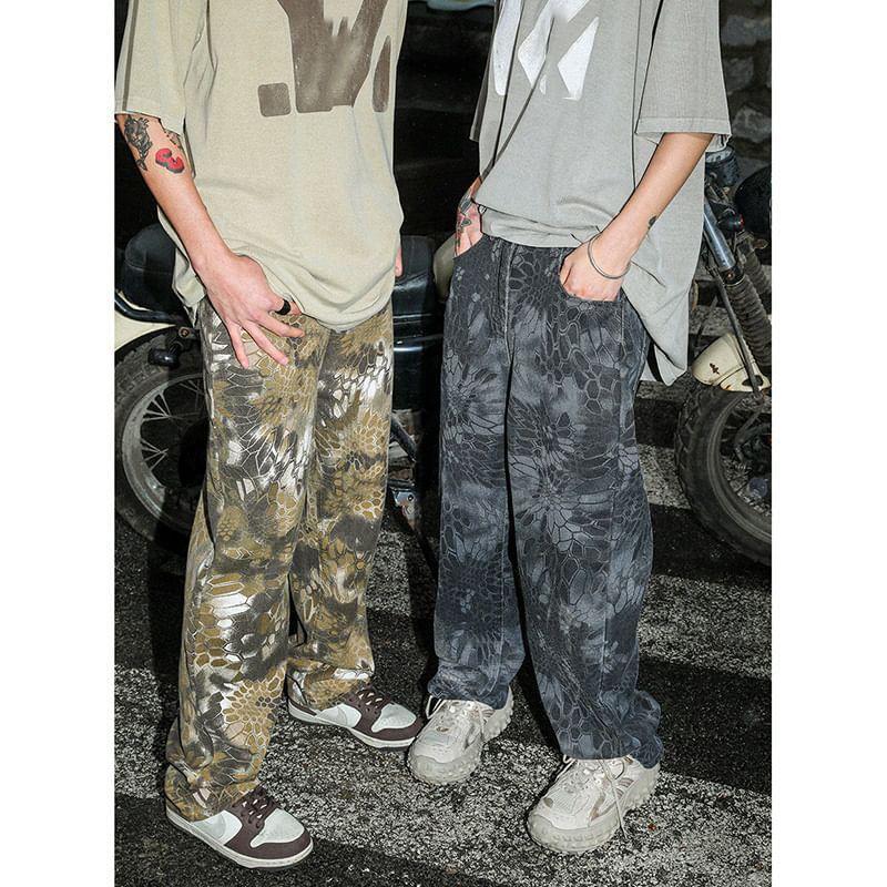 Mid Rise Snakeskin Print Washed Loose Fit Jeans Product Image
