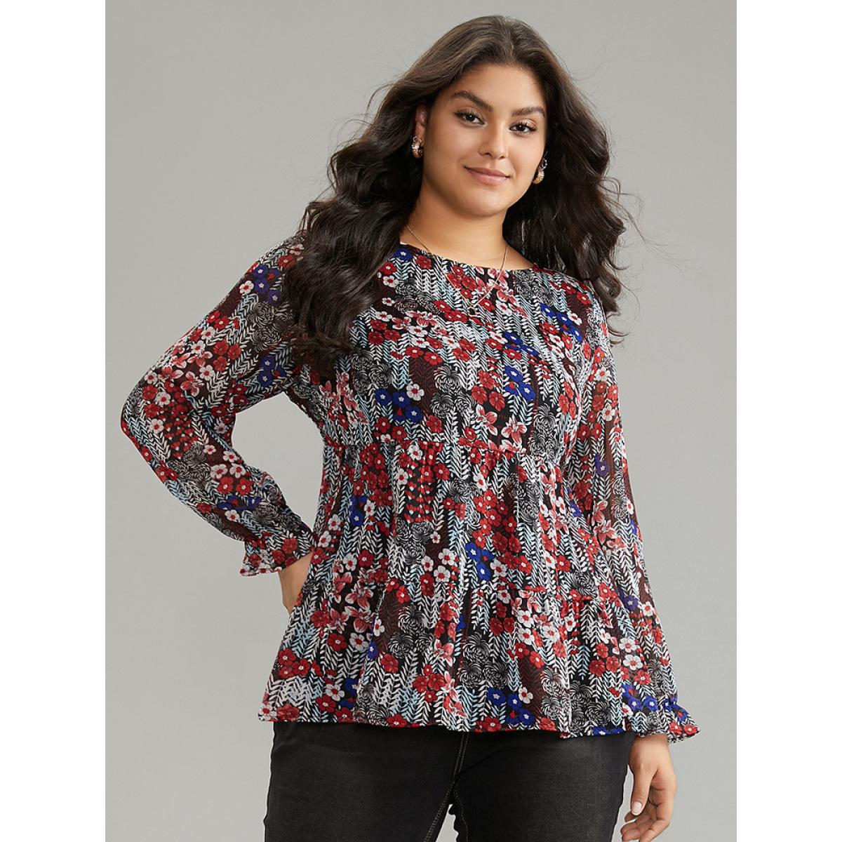 Plus Size Black Floral Ruffles Elastic Waist Lantern Sleeve Chiffon Blouse Women Elegant Long Sleeve Round Neck Everyday Blouses BloomChic 10/M Product Image