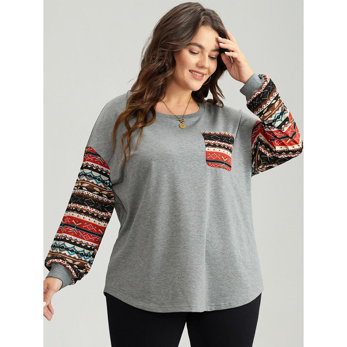 Plus Size Bandana Print Patchwork Patched Pocket Sweatshirt Women Gray Casual Elastic cuffs Round Neck Festival-Christmas Sweatshirts BloomChic 28/5X Product Image